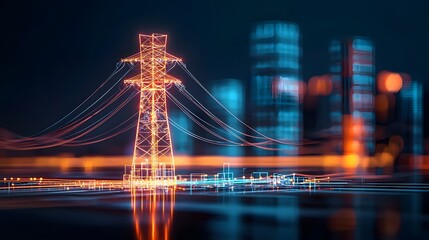 Obraz premium Futuristic and vibrant power grid with glowing energy lines and illuminated skyscrapers in a 3D of a modern city skyline