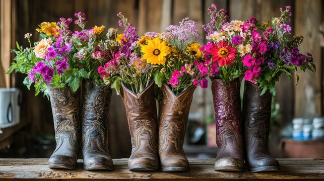 Cowboy boots creatively transformed into flower vases, filled with colorful blooms, placed in an artistic rustic setting, highlighting creativity and nature's beauty
