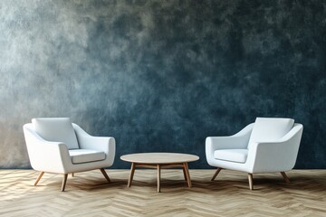Fototapeta premium Two white armchairs and a round wooden coffee table against a textured dark blue wall.