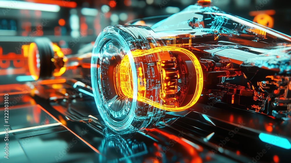 Poster designer focused on creating the layout of an electric sport car suspension system, with holographic