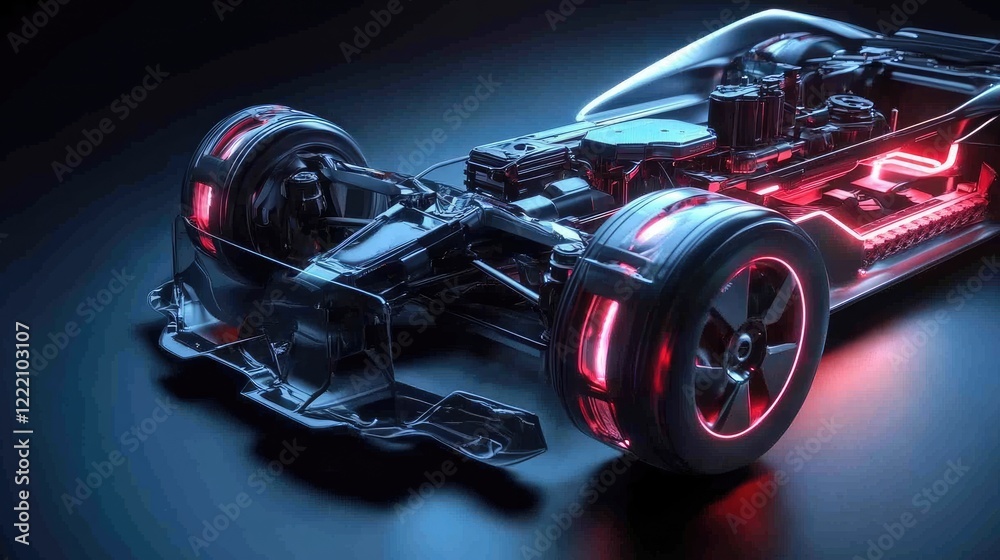 Poster designer focused on creating the layout of an electric sport car suspension system, with holographic