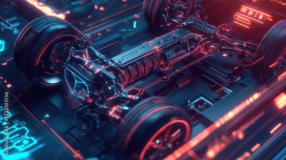 Aufkleber designer focused on creating the layout of an electric sport car suspension system, with holographic