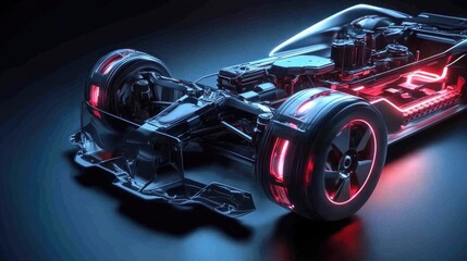 Fototapeta premium Designer focused on creating the layout of an electric sport car suspension system, with holographic projections illustrating the internal mechanics and structure
