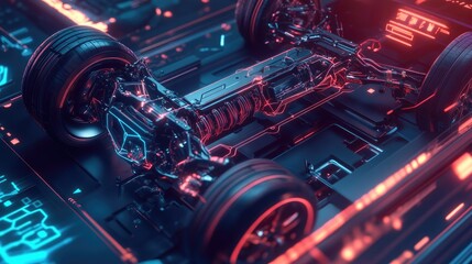 Designer focused on creating the layout of an electric sport car suspension system, with holographic projections illustrating the internal mechanics and structure