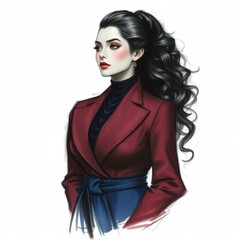 Elegant woman in a stylish outfit poses confidently with curly hair in a sophisticated manner