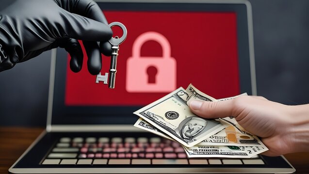 Computer Security and Extortion &ndash; Ransomware Virus Encrypting Data with Hacker&rsquo;s Demand for Payment, cyber ransom, hacker demand,  ransomware attack, malware, wanna cry, ransomware, ransom

