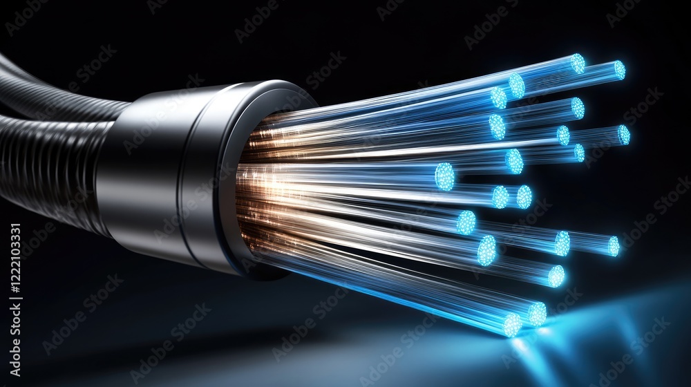 Poster detailed view of glowing strands within a fiber optic cable on a metallic surface, showcasing cuttin