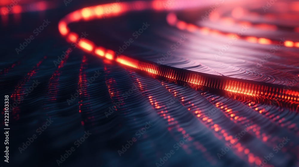 Poster detailed view of glowing strands within a fiber optic cable on a metallic surface, showcasing cuttin