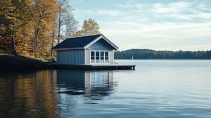 Obraz premium Serene Lakeside Cottage Surrounded by Nature and Tranquil Waters