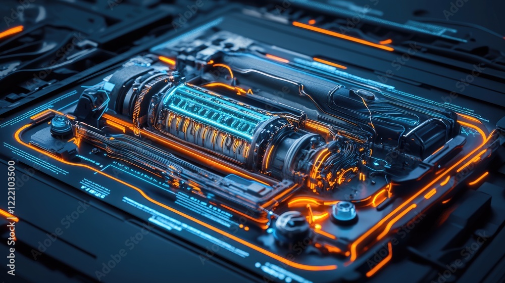 Aufkleber digital interface with a detailed 3d model of a battery cooling system, highlighted with neon lights