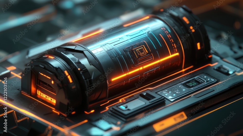 Aufkleber digital interface with a detailed 3d model of a battery cooling system, highlighted with neon lights