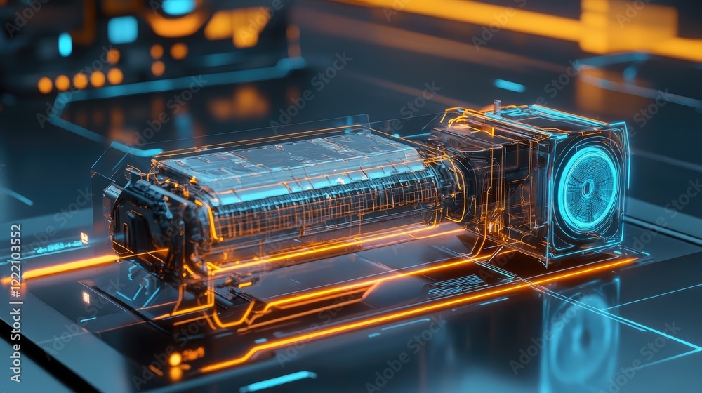 Poster Digital interface with a detailed 3D model of a battery cooling system, highlighted with neon lights to enhance futuristic design elements