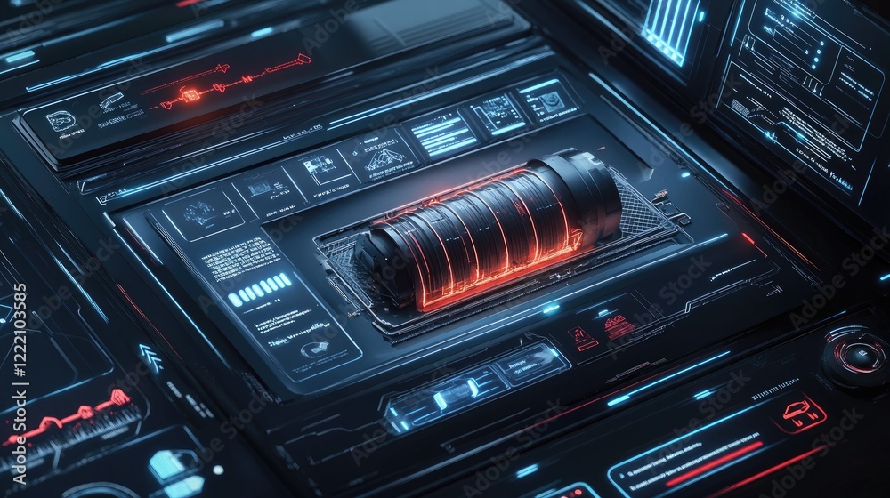 Poster Digital interface with a detailed 3D model of a battery cooling system, highlighted with neon lights to enhance futuristic design elements