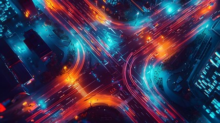 Futuristic intersection illuminated by vibrant smart lights showcasing autonomous vehicles communicating with each other and the infrastructure in a high tech digitally advanced urban landscape