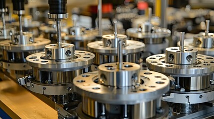 a dynamic scene on an assembly line where mechanical components are being assembled, highlighting teamwork and precision in manufacturing.