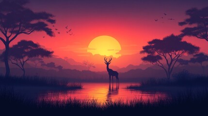 Fototapeta premium Serene silhouette of a deer at dusk in a minimalist landscape with a vibrant sunset and tranquil water reflections
