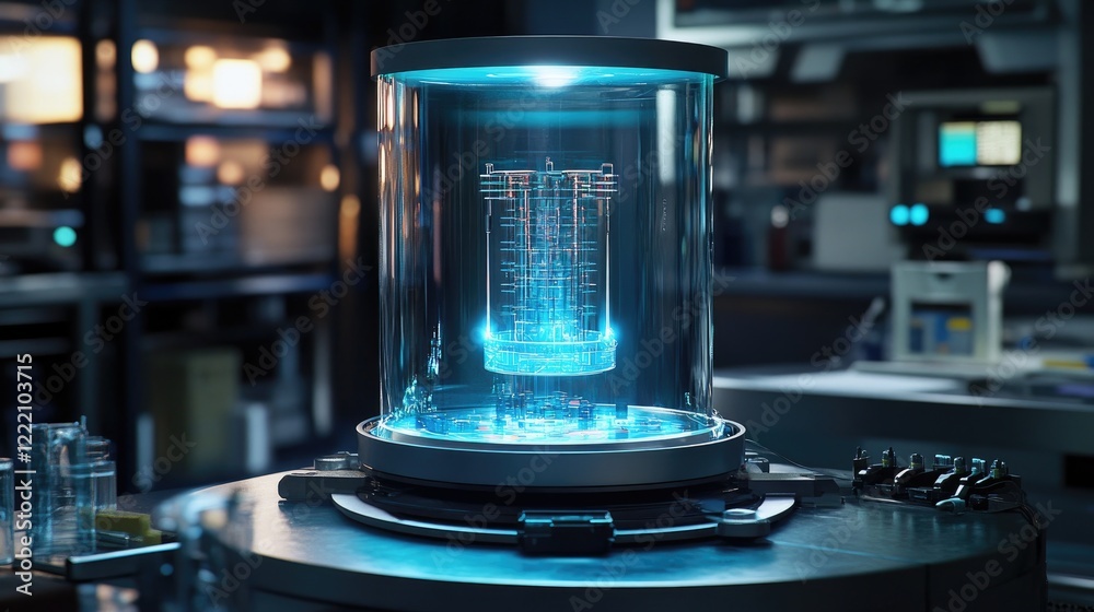 Poster digital screen showcasing a 3d holographic model of an energy storage system in a futuristic researc