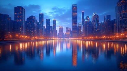 Fototapeta premium Twilight City Skyline with Water Reflection. Generative AI