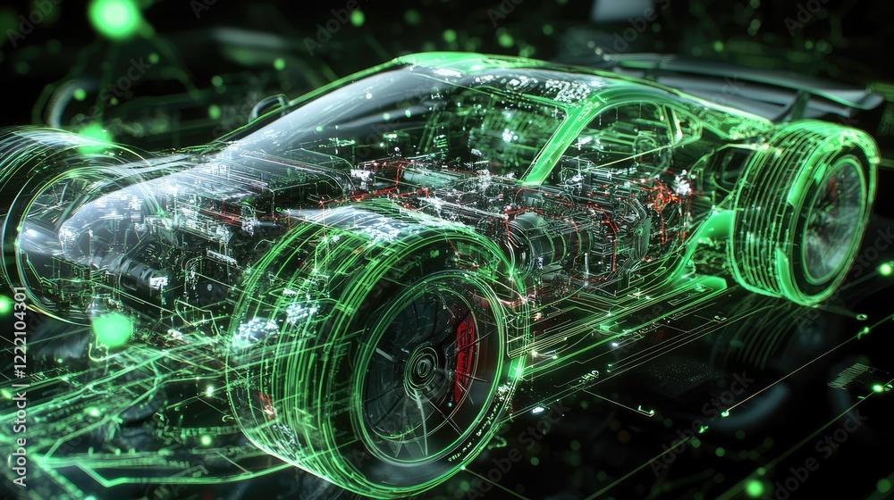 Fototapete dynamic holographic interface with a 3d model of a sport car energy system, featuring interconnected