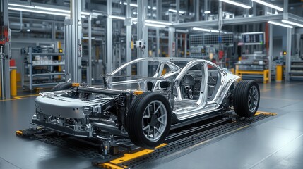 Fototapeta premium Electric sport car chassis in an automated factory, shown as a 3D hologram, with detailed design features and futuristic manufacturing techniques