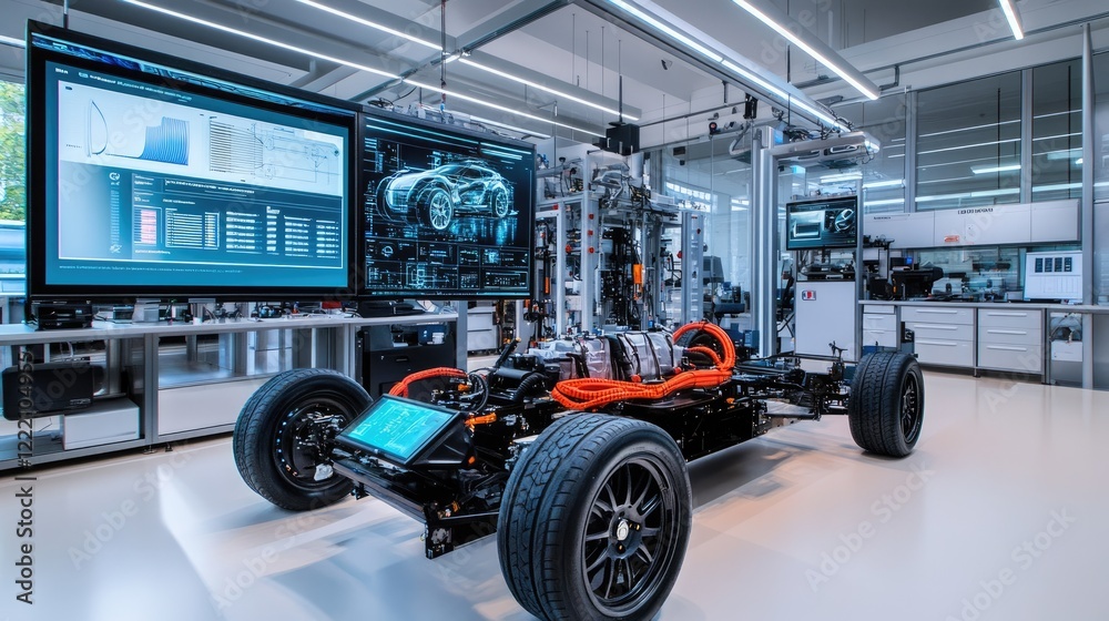 Poster electric vehicle powertrain showcased in a high-tech laboratory, enhanced with holographic displays 