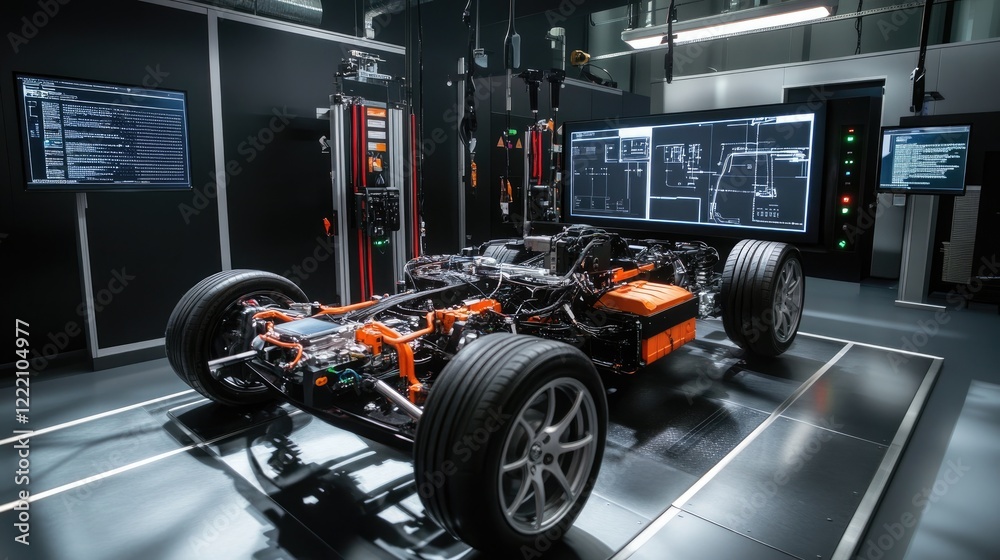 Poster electric vehicle powertrain showcased in a high-tech laboratory, enhanced with holographic displays 
