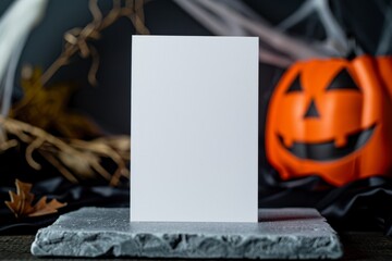Blank Card with Halloween Decor and Pumpkin in Background