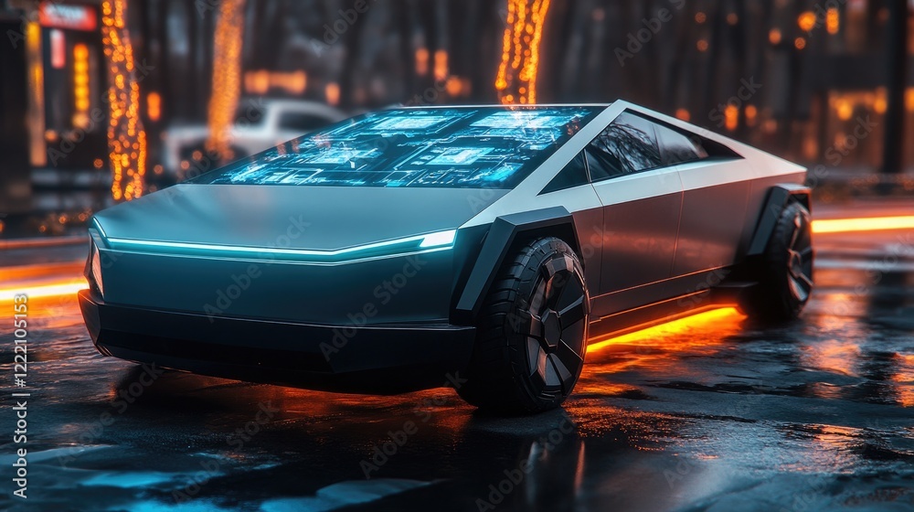 Poster Electric vehicle with a glowing battery pack and a sleek design, surrounded by a holographic interface projecting real-time performance and energy data