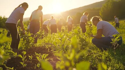Group of volunteers working together to plant young trees in a lush green field under the bright natural sunlight  Concept of environmental conservation sustainability