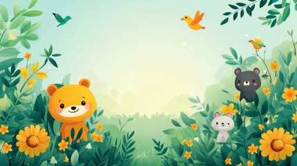 Cute cartoon bears and birds in a vibrant floral meadow, a whimsical nature scene, perfect for children's designs or storybooks with a gentle background gradient.