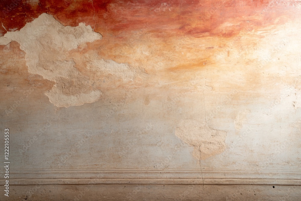Aufkleber Peeling layers of an antique fresco reveal intricate textures and colors, softly illuminated to highlight the artwork's age and historical significance