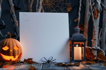 Spooky Autumn Scene with Pumpkin, Spider, Lantern and Blank Canvas