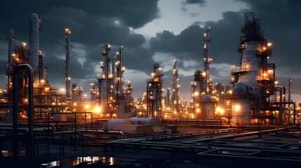 Fototapeta premium Transforming Crude Oil into Usable Fuels at an Industrial Refinery Facility The complex process of converting raw crude oil into refined petroleum products like gasoline diesel