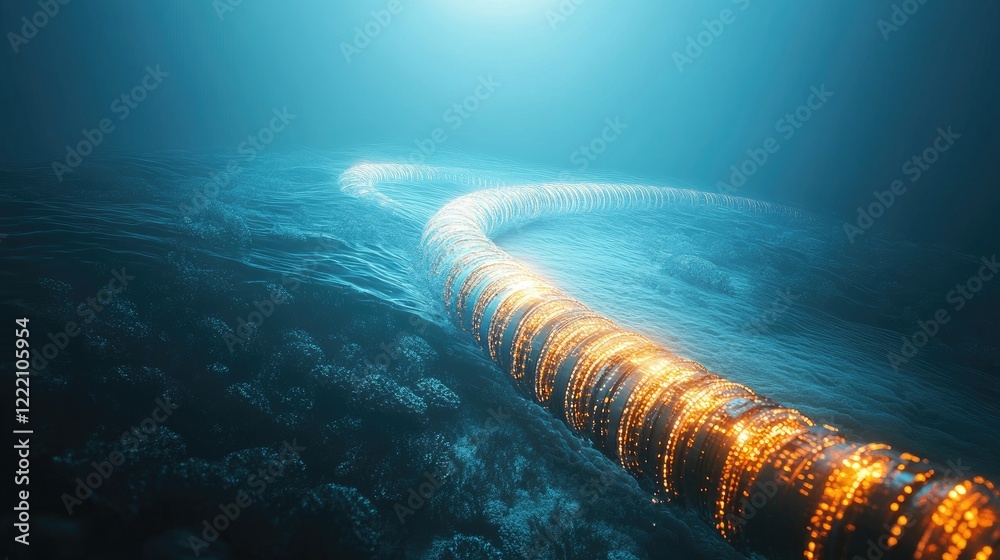 Poster fiber optic cables stretching across the seabed, transmitting high-speed communication signals benea
