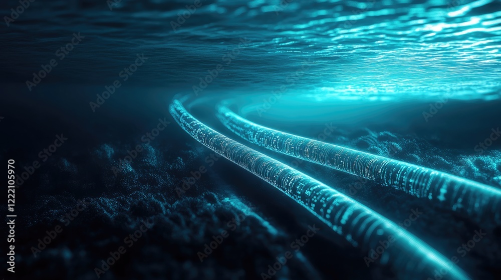 Poster fiber optic cables stretching across the seabed, transmitting high-speed communication signals benea