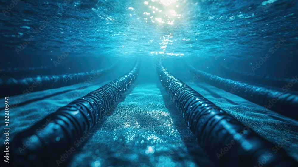 Poster fiber optic cables stretching across the seabed, transmitting high-speed communication signals benea