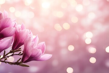 Delicate pink magnolia flower blossoms are highlighted with enchanting bokeh effects in the background, providing ample space for text on the right side