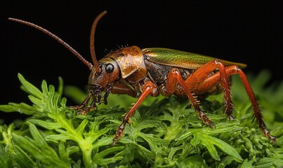 Fototapeta premium Red & green katydid insect on green leaves against black background