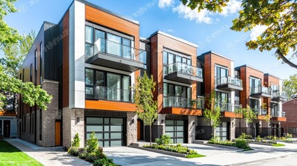 a modern townhouse in an urban setting, featuring balconies and contemporary design.