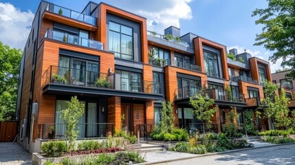 Fototapeta premium a modern townhouse in an urban setting, featuring balconies and contemporary design.