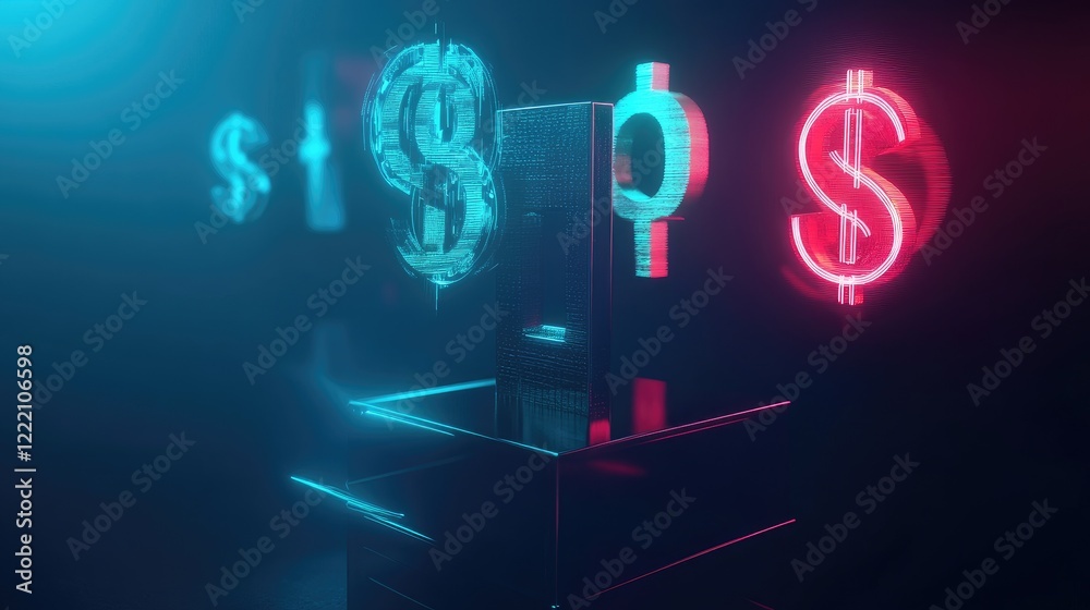 Poster floating currency symbols placed on a futuristic cubic pedestal, showcasing digital finance and econ