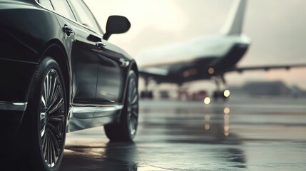 Close-up of black luxury car and private jet on airport background