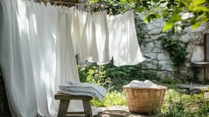 Freshly washed white linen sheets and clothes hanging outdoors, with a rustic wooden stool and a basket of laundry, creating a peaceful, country garden scene