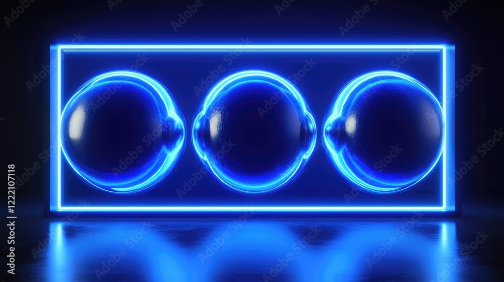 Poster futuristic 3d spheres in motion within a sleek frame, illuminated by neon blue, symbolizing abstract