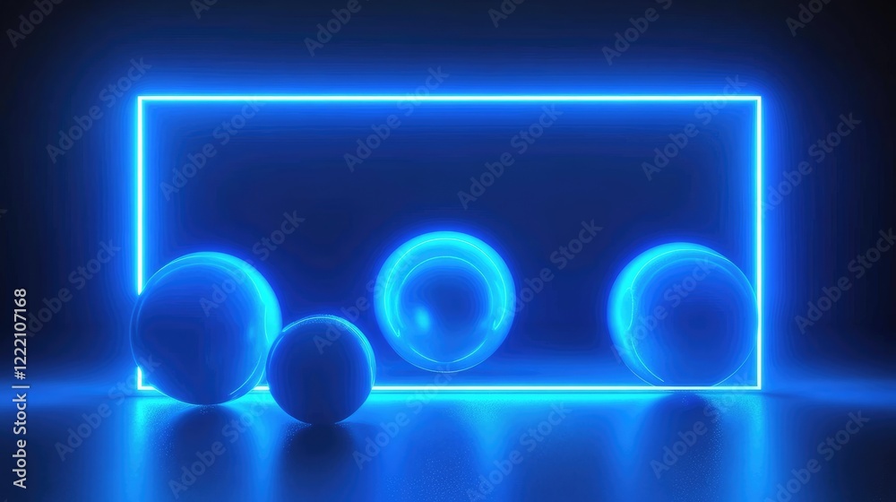 Poster futuristic 3d spheres in motion within a sleek frame, illuminated by neon blue, symbolizing abstract