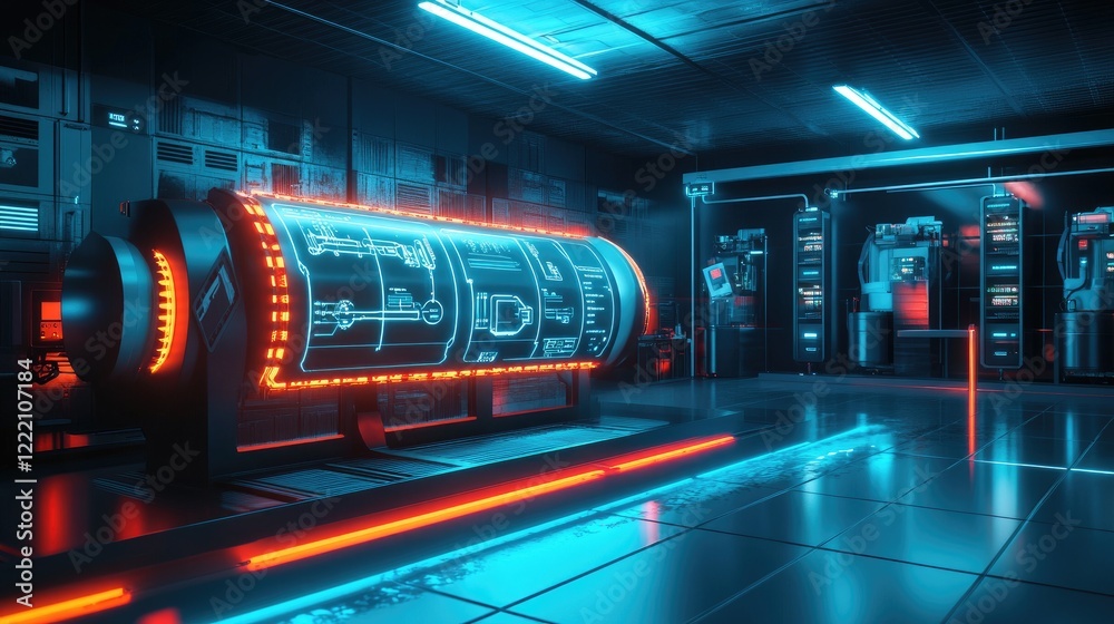 Aufkleber Futuristic battery cooling system displayed on a digital interface, set in a high-tech lab with neon lighting emphasizing innovation and design
