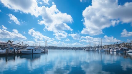 Obraz premium Sunny skies above a bustling harbor, with fluffy clouds casting reflections on the water