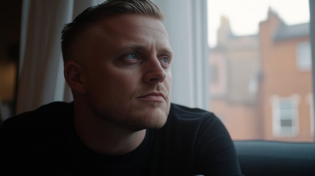 A man sits on a couch in a living room, holding a coffee mug and gazing thoughtfully as sunlight streams through the sheer curtains, creating a warm atmosphere