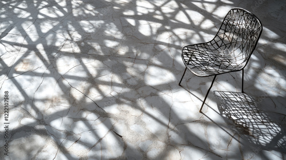 Poster Geometric shadows created by sunlight on a cracked white and grey surface, casting intricate patterns from a metallic chair, ideal for minimalistic or modern design projects