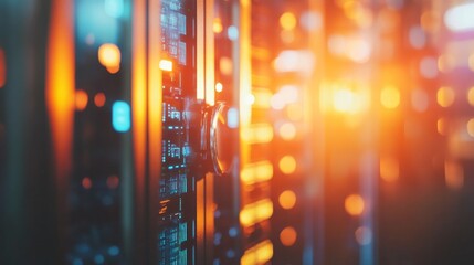 Metallic padlock emanates a soft blue glow, representing cybersecurity, set against a dark background filled with holographic data, emphasizing digital protection